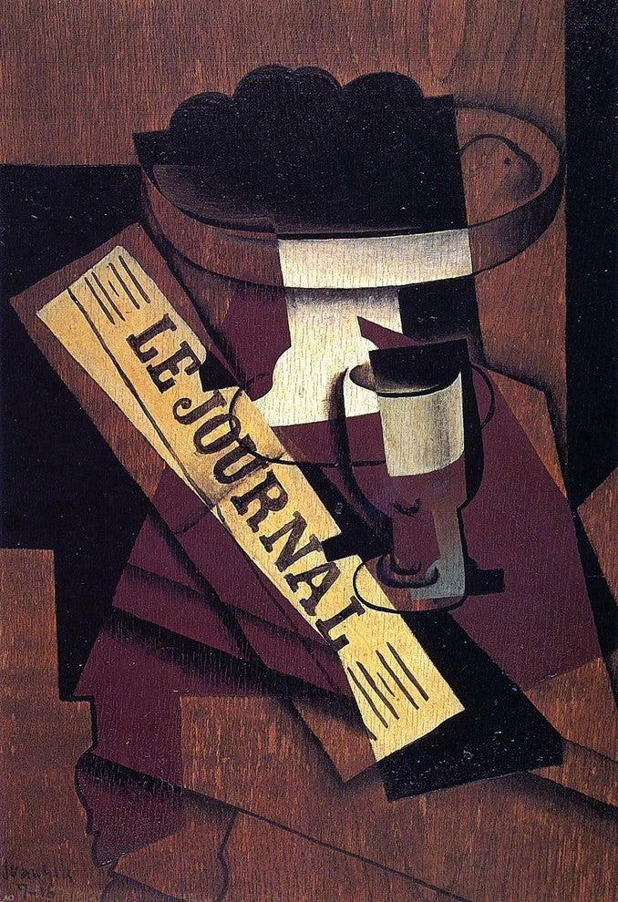 Juan Gris Fruit Dish, Glass and Newspaper - 18" x 27" Premium Canvas Print