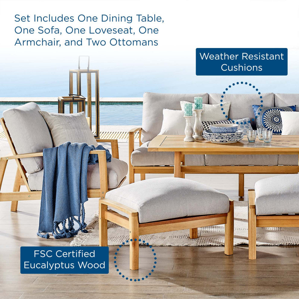Lounge Sectional Sofa Chair Set, Wood, Brown Natural Gray, Modern, Outdoor
