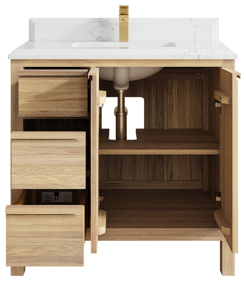 Elizabeth Oak 36" Center Sink Vanity, White 1.5" Empira Quartz