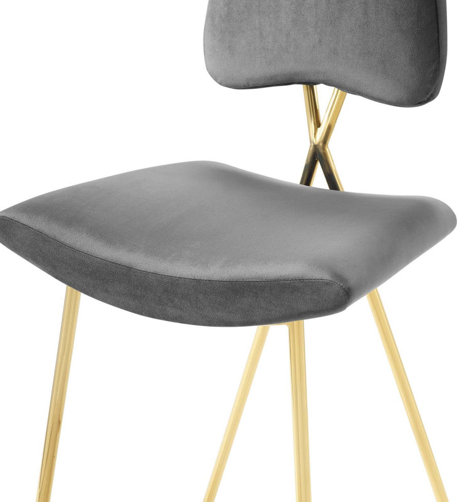 Counter Stool Chair, Set of 2, Velvet, Metal, Gray, Modern, Bar Pub Bistro