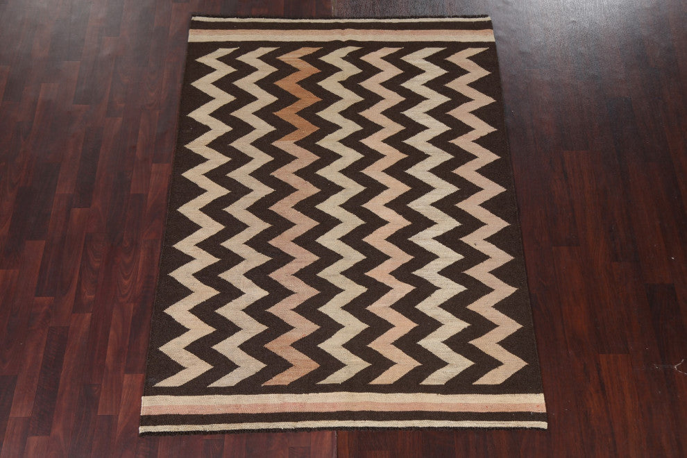 Chevron Style Kilim Natural Dye Oriental Wool Area Rug Flat-weave 5x7