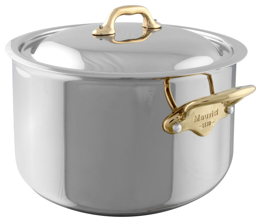 Mauviel M'Cook B Stainless Steel Stewpan With Lid & Brass Handles, 9.2-qt