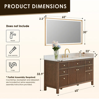 Cerrito Bathroom Vanity, Brown Brushed Oak, 60" Single, With Mirror