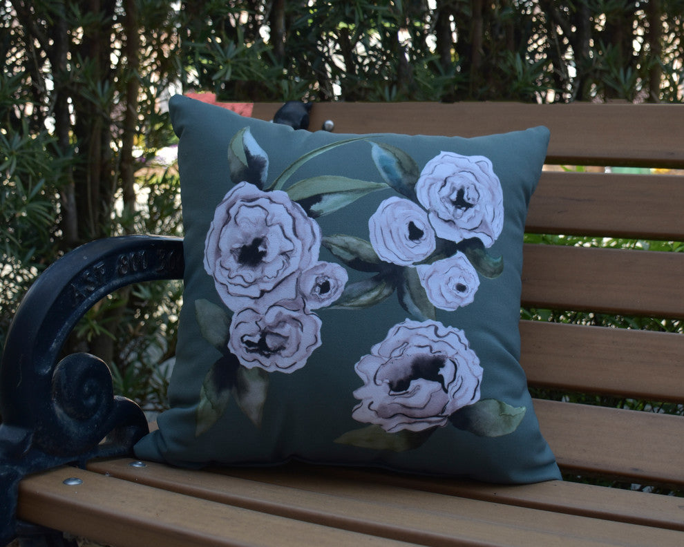 Radiant Rose Green Floral Print Decorative Outdoor Throw Pillow, 20"