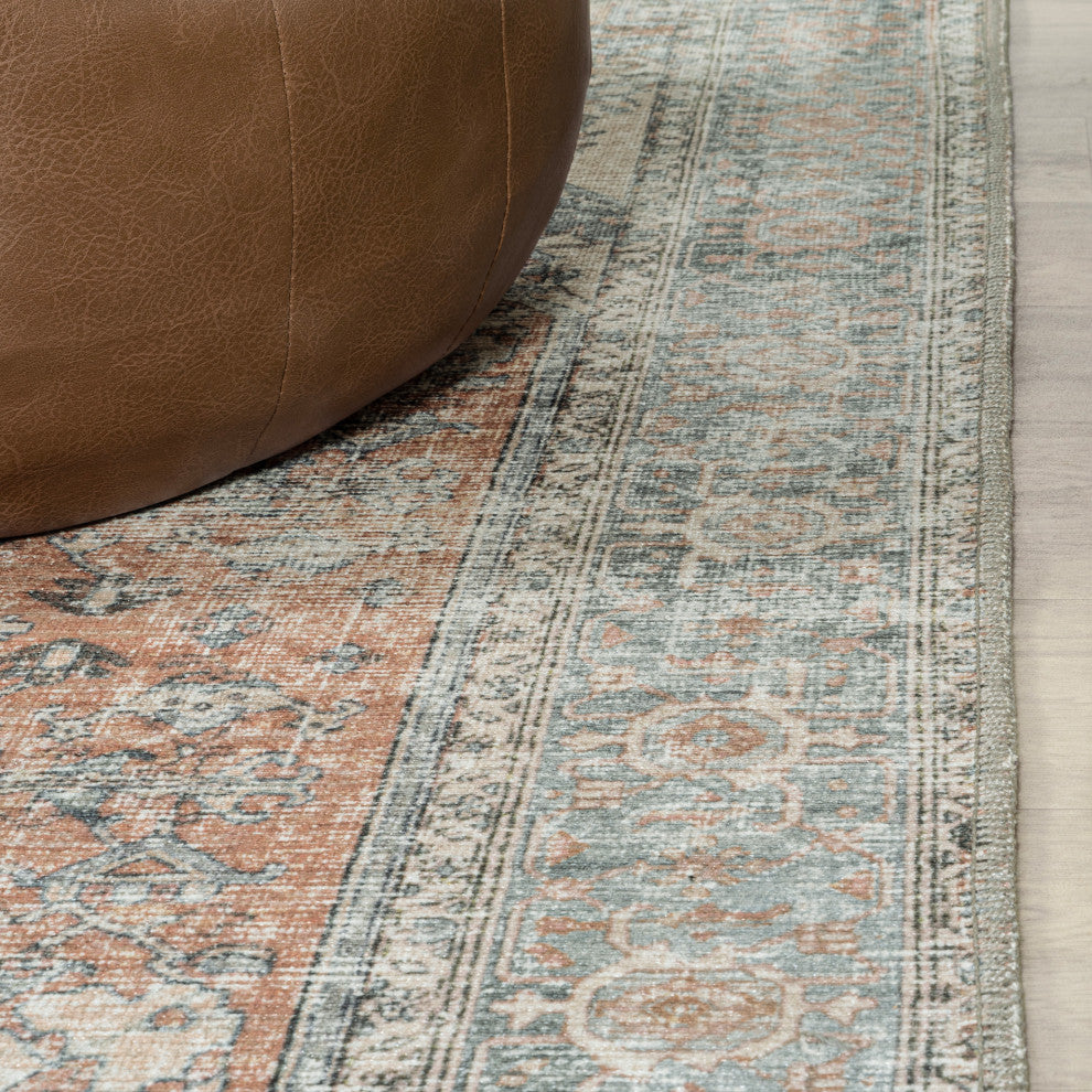 Armae Distressed Chenille Machine-Washable Rug, Terra/Blue, 8 X 10