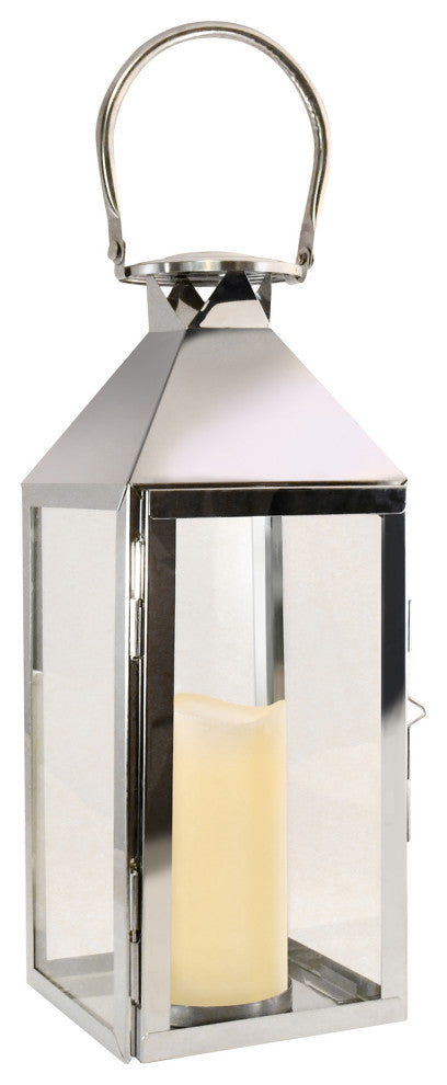 Metal Lantern with LED Candle, Chrome