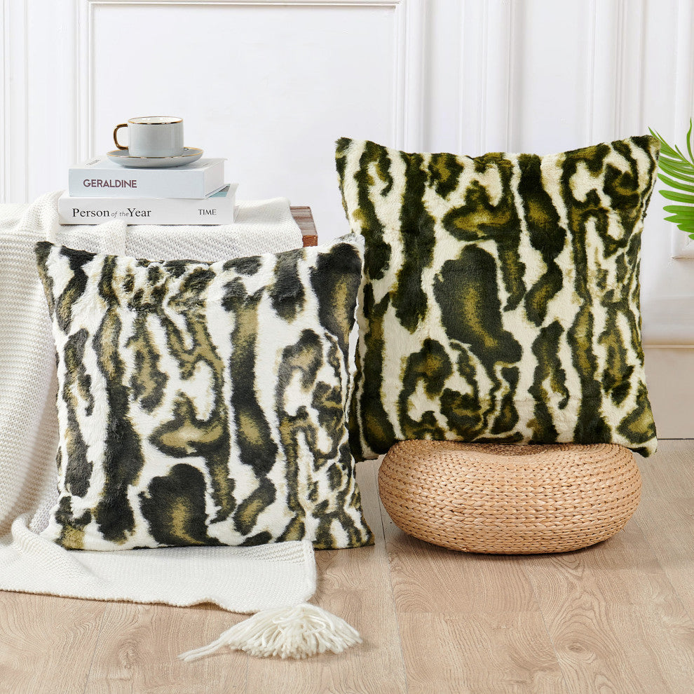 Wild Cat Faux Fur Pillow Shells, Set of 2, Forest Green, 20"x20"