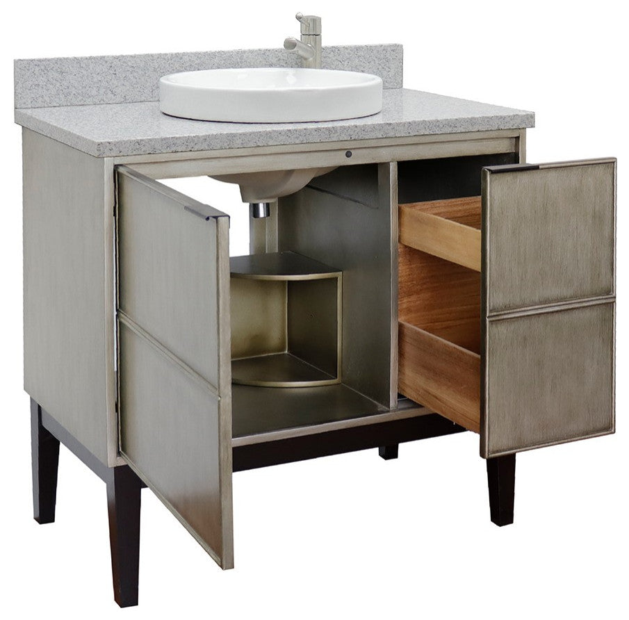 37" Single Vanity, Linen Brown Finish With Gray Granite Top And Round Sink