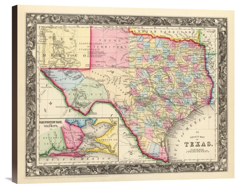 "County Map Of Texas, 1860" Canvas Giclee by Samuel Augustus Mitchell, 30"x24"