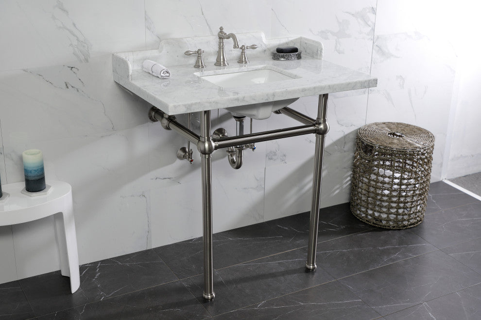 Kingston Brass LMS36MBSQ8 36" Carrara Marble Console Sink, Legs