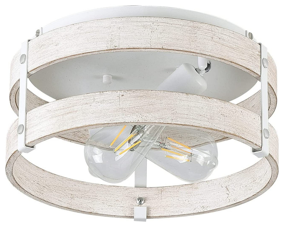 White Flush Mount Ceiling Light Fixture 2 Light Wood Drum Ceiling Lamp