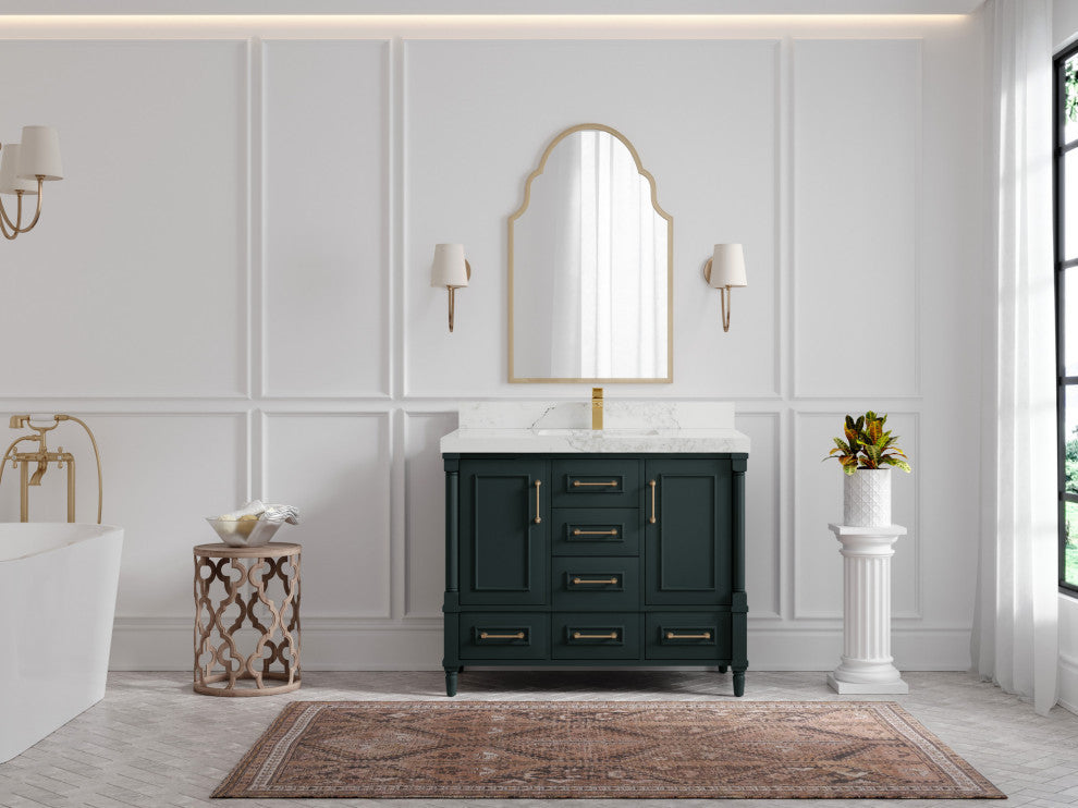 Aberdeen 42 Single Sink Bath Vanity in Dark Forest Green 2" Calacatta Nuvo
