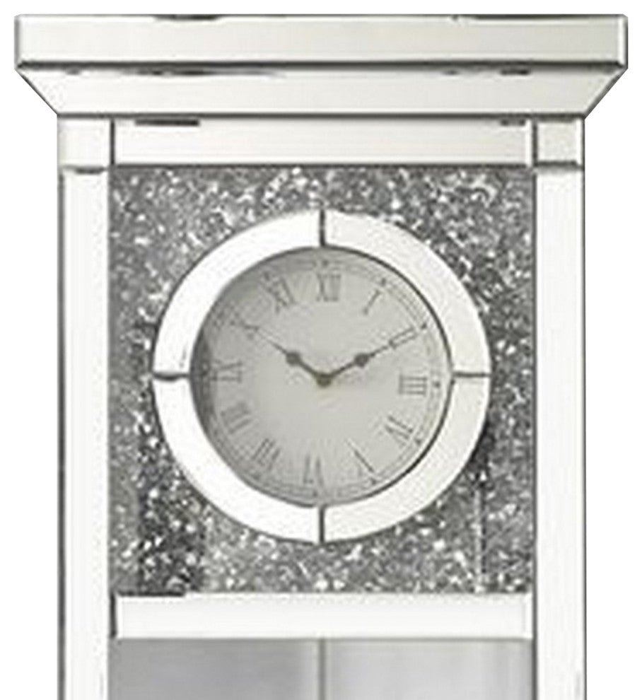 Benzara BM268980 Pendulum Wall Clock With Mirror Trim and Molded Design, Silver