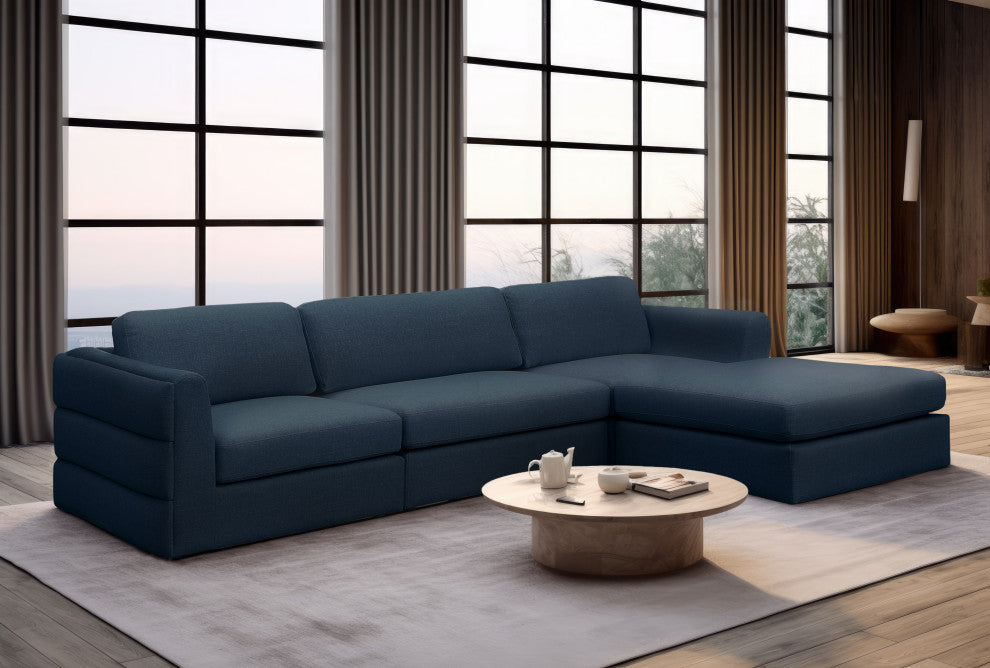 Beckham Linen Textured Fabric 4-Piece Modular L-Shaped Sectional, Navy