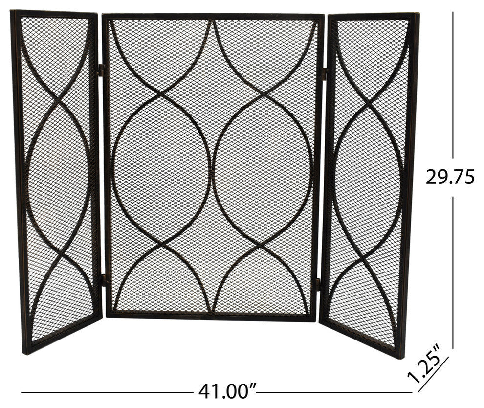 Laylah Modern Three Panel Iron Firescreen, Black Gold Finish