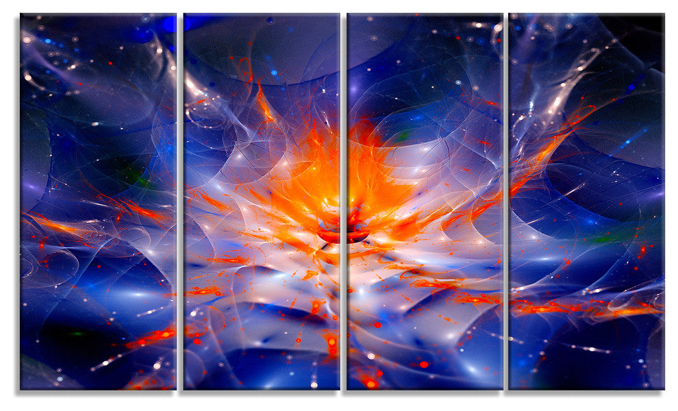 Colorful Glowing Space Flower Fractal, Floral Wall Art, 48"x28", 4 Panels
