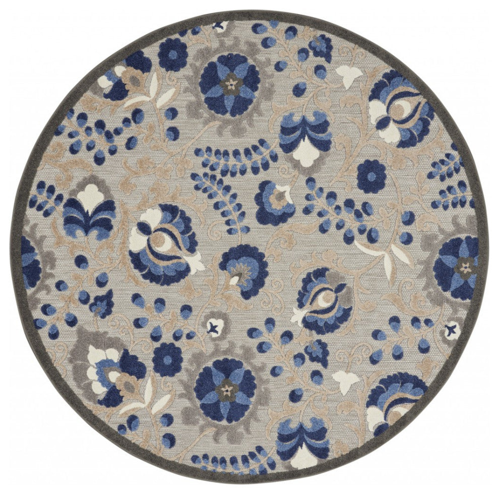 8 Round Natural and Blue Indoor Outdoor Area Rug