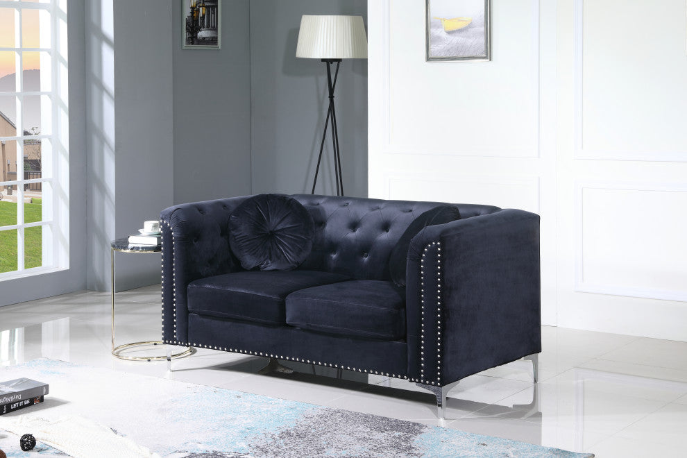 Pompano Velvet Button Tufted Loveseat, Black