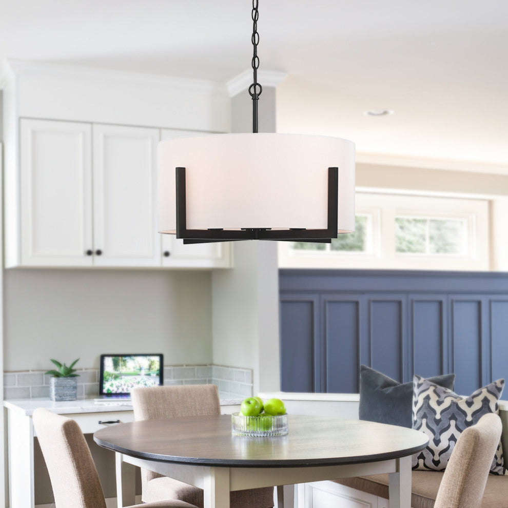 22" W 4-Light Matte Black Chandelier Pendant Light With White Drum Shade