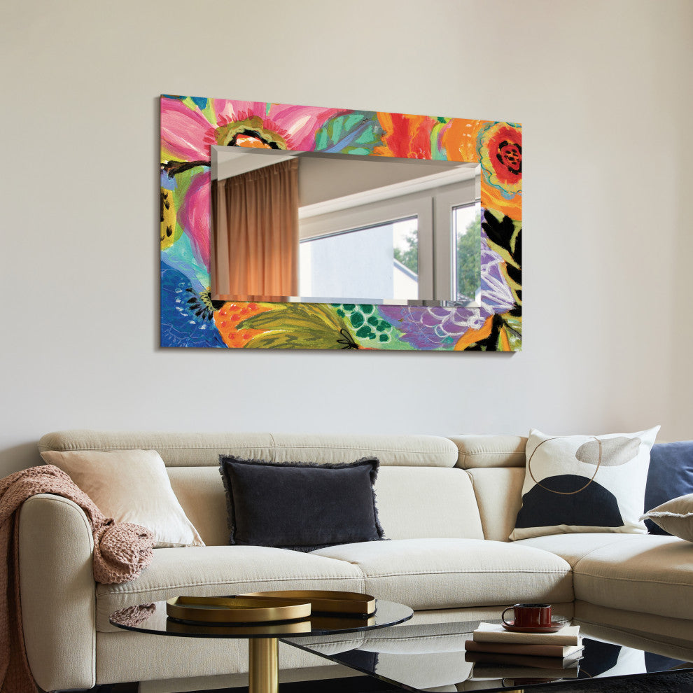 "Secret Garden Floral II" Leaner Mirror on Tempered Art Glass, 48" X 32"