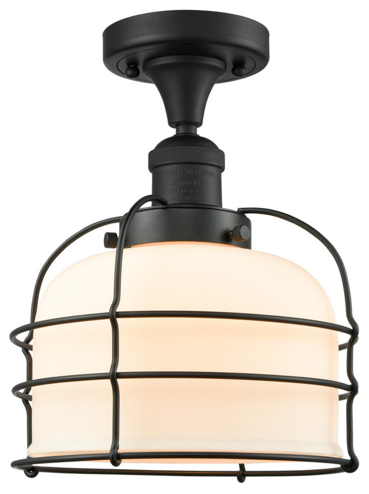 Large Bell Cage 1-Light Semi-Flush Mount, Matte Black, Matte White