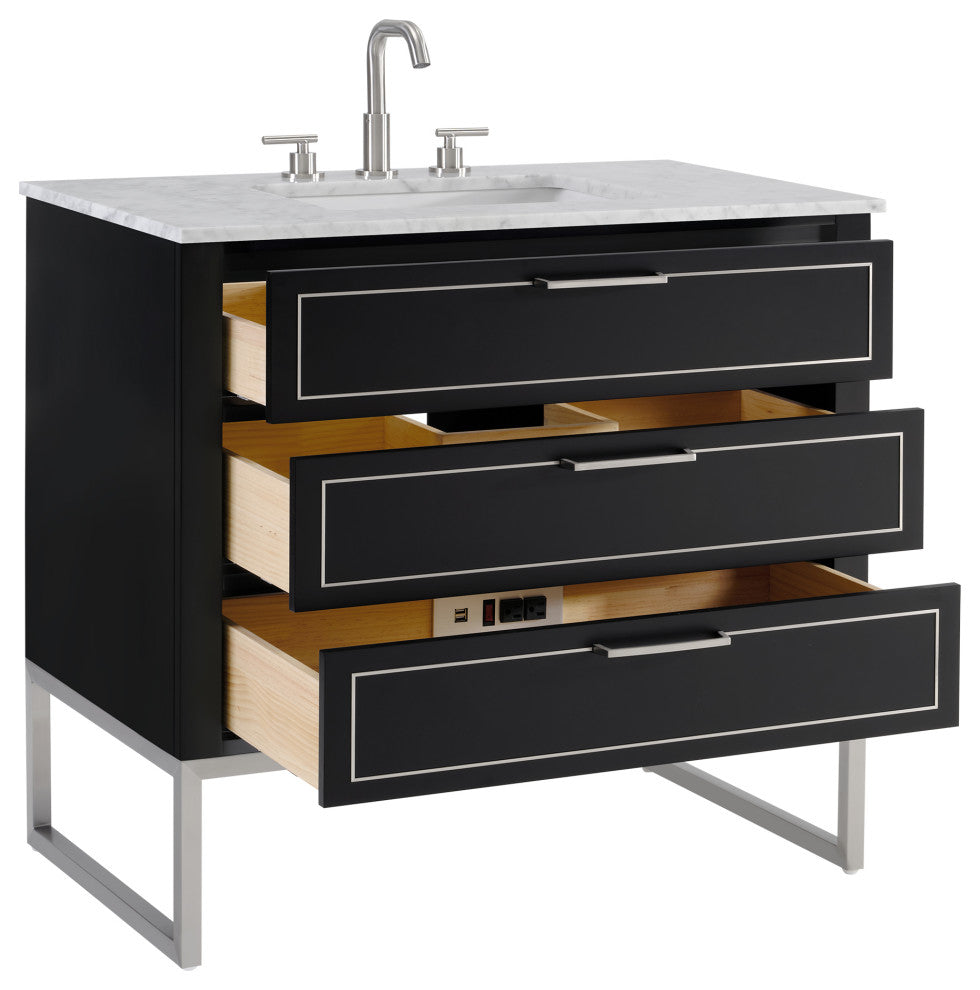 Markham Bathroom Vanity, Midnight Black/Brushed Nickel, 36", White Quartz Top