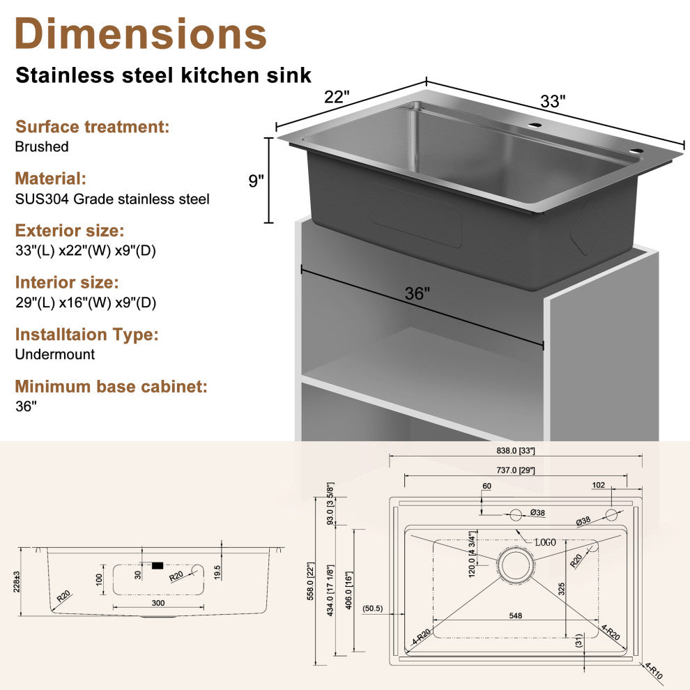 Drop-In 2-Hole Single Bowl 18 Gauge Stainless Steel Workstation Kitchen Sink