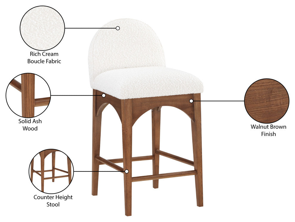 Waldorf Chenille Upholstered Stool, Black, Chenille, Natural Finish, Cream, Boucle Fabric, Walnut Finish