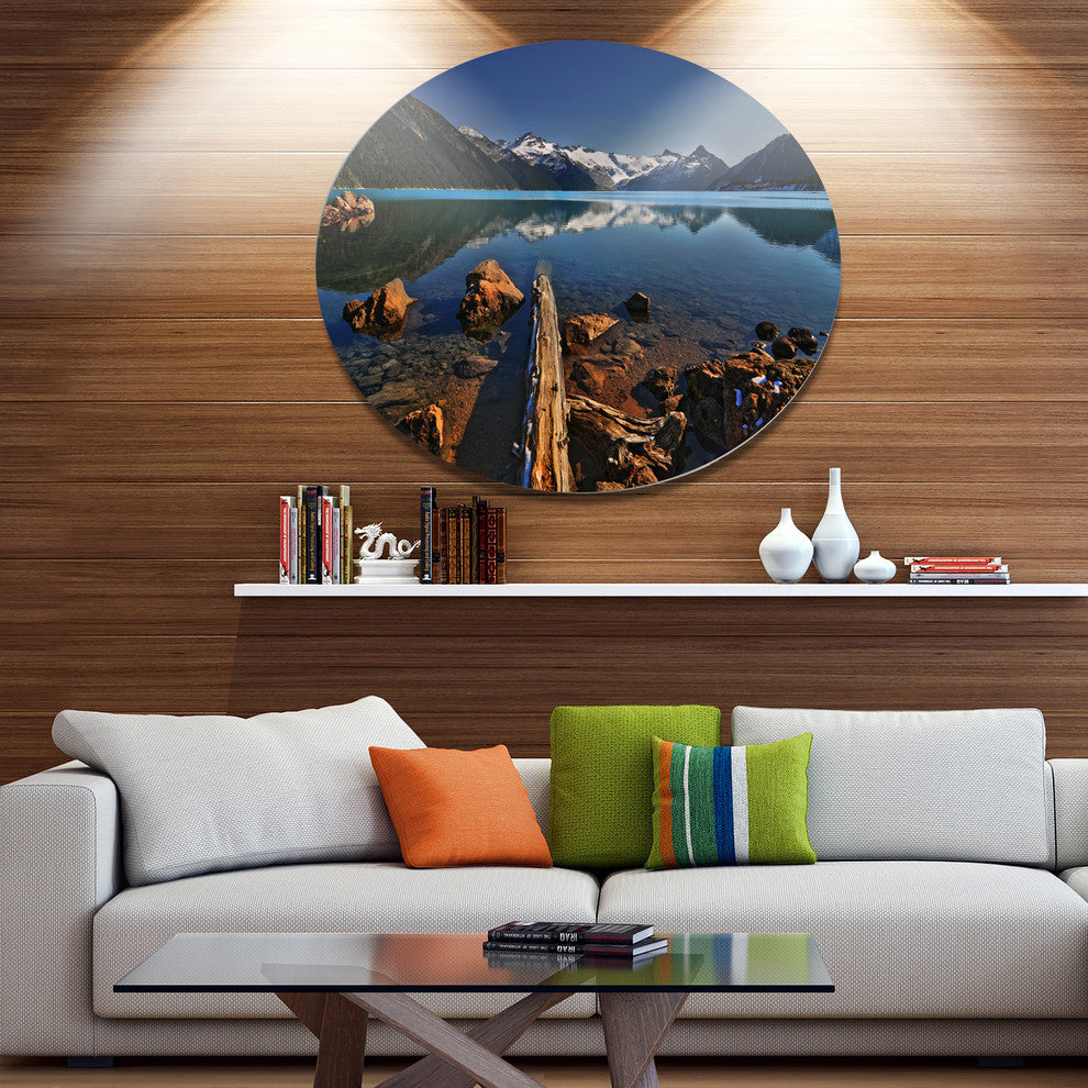 Logs In Mountain Lake, Landscape Art Round Metal Wall Art, 23"