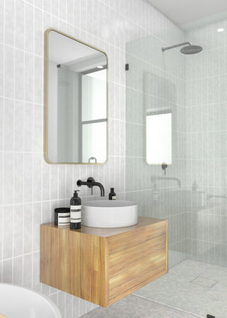 22" W X 32" H Radius Corner Stainless Steel Framed Mirror, Satin Brass
