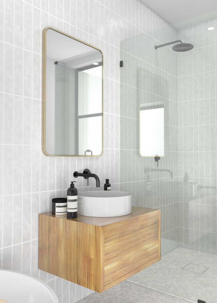 22" W X 32" H Radius Corner Stainless Steel Framed Mirror, Satin Brass