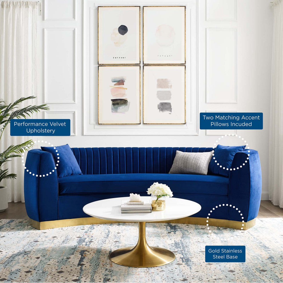 Tufted Sofa, Velvet, Blue Navy, Modern, Living Lounge Hotel Lobby Hospitality