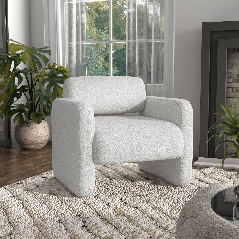 Cindy Boho Boucle Upholstered Accent Arm Chair, White