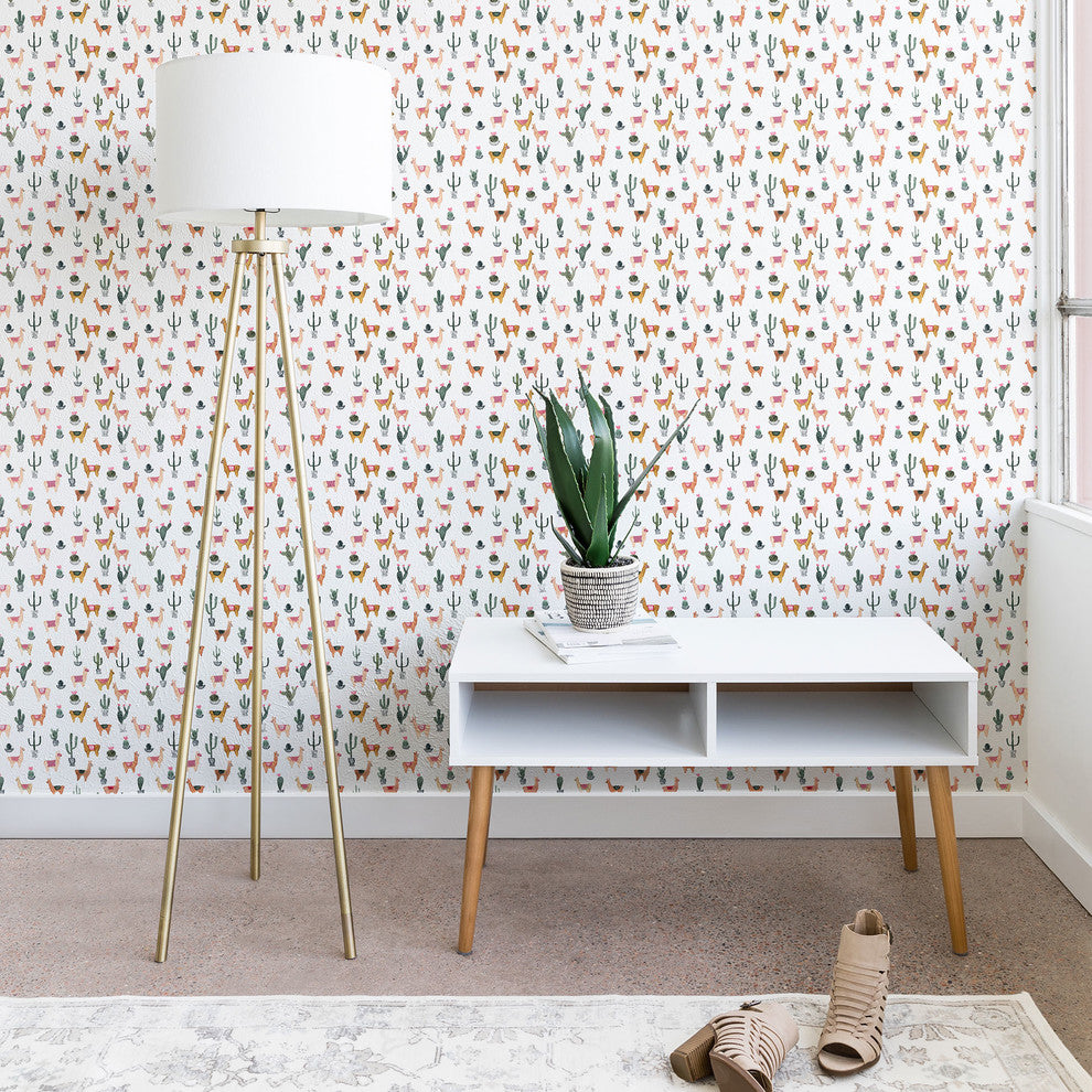 Deny Designs Dash and Ash Llamas and Plants Wallpaper, White, 2'x4'