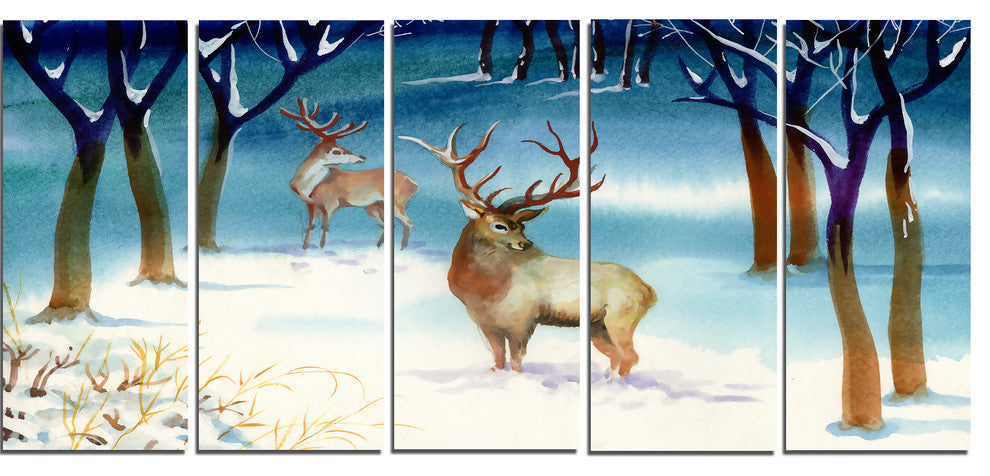 "Amazing Winter Forest With Deer" Landscape Wall Art, 5 Panels, 60"x28"