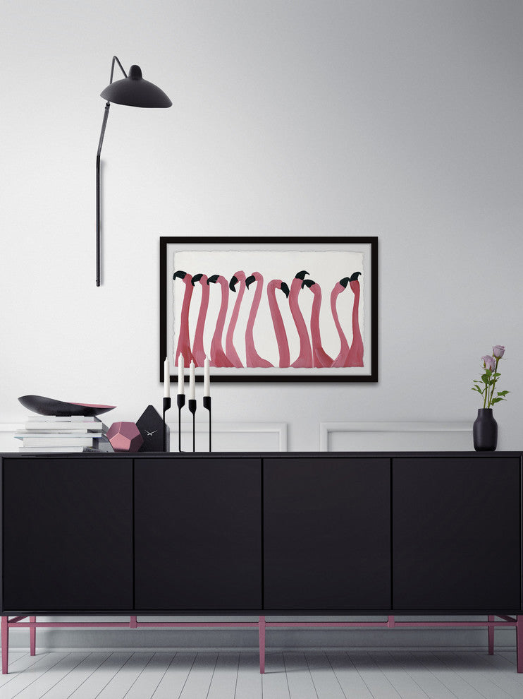 "Flamingo Gossip" Framed Painting Print, 18"x12"