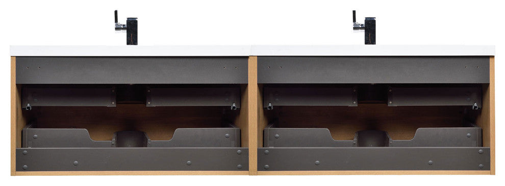 Angela 84" Contemporary Double Wall Mounted Vanity, Natural Oak