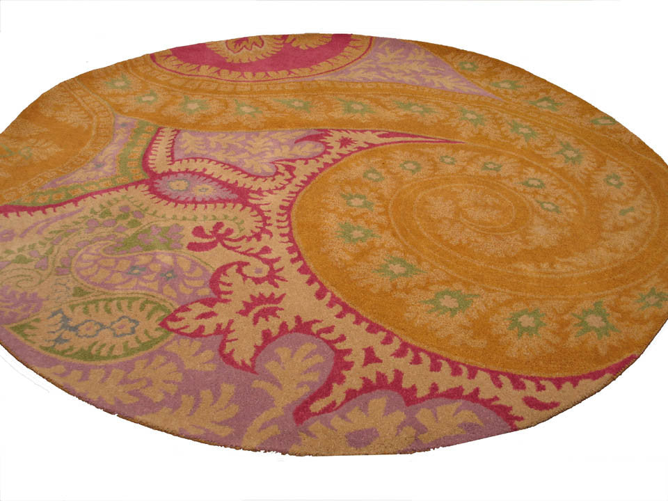 Hand-Tufted Wool Orange Transitional Floral Paisley Rug, 4' Round