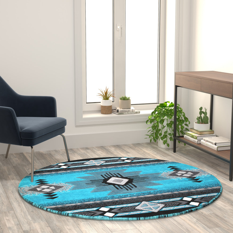 Angie Collection Round 5' x 5' Turquoise Traditional Southwestern Style Area Rug