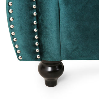 Bauman Modern Glam Channel Stitch Loveseat with Nailhead Trim, Teal + Dark Brown, Velvet