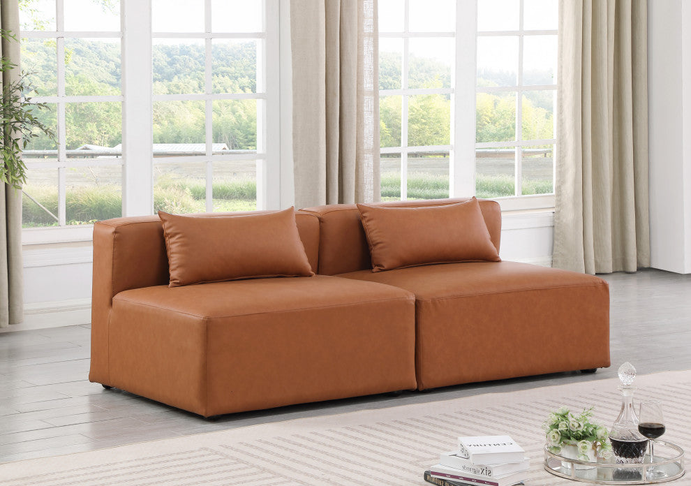 Cube Upholstered Modular Sofa, Cognac, 2-Piece: 2 Armless Chair, Vegan Leather