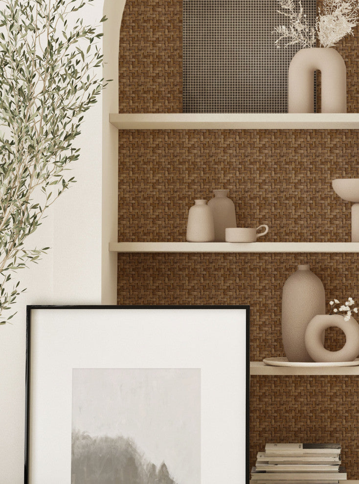 Wicker Weave Look Peel and Stick Vinyl Wallpaper, Brown, 24" X 60"