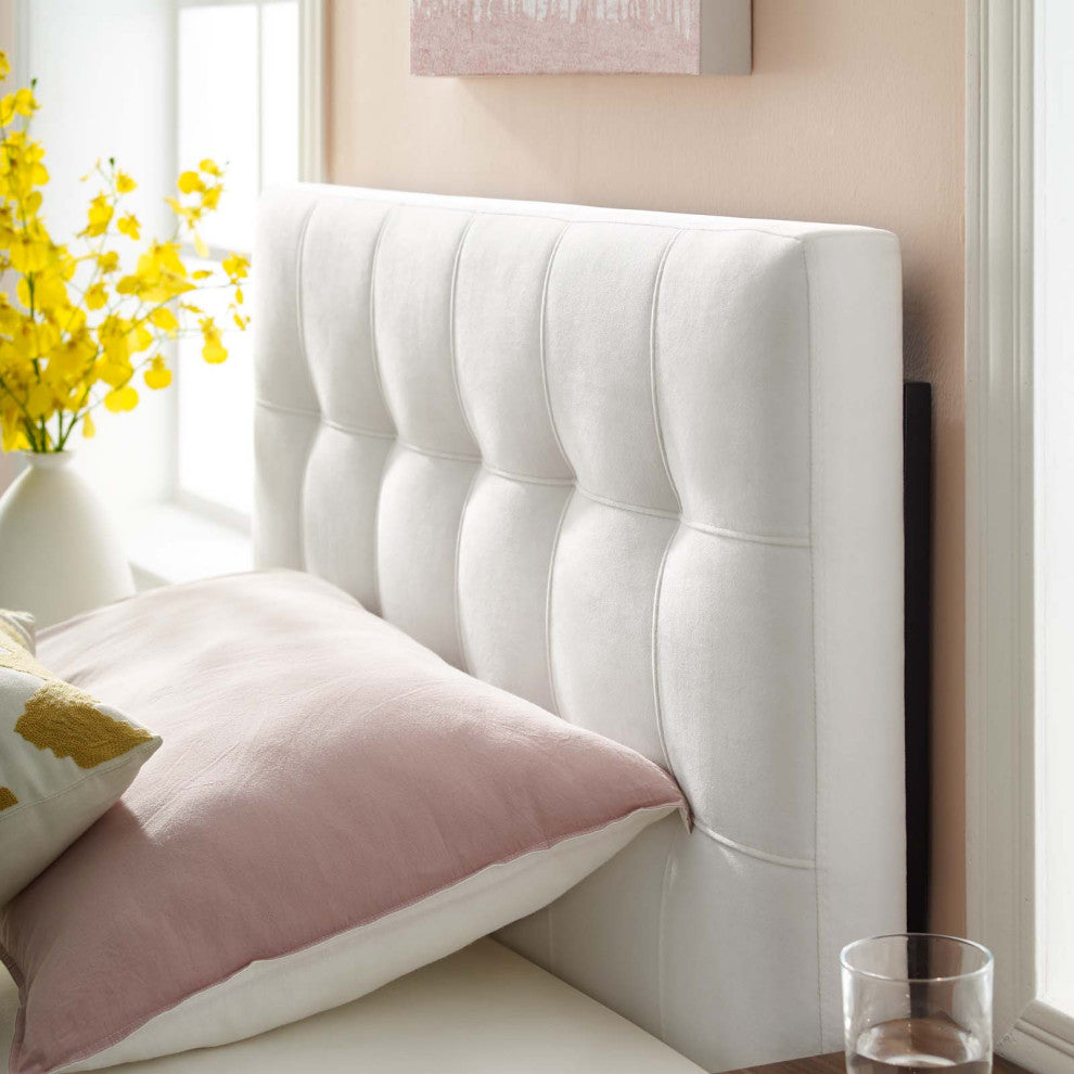 Contemporary Modern Bedroom Twin Size Tufted Headboard, Velvet Fabric, White
