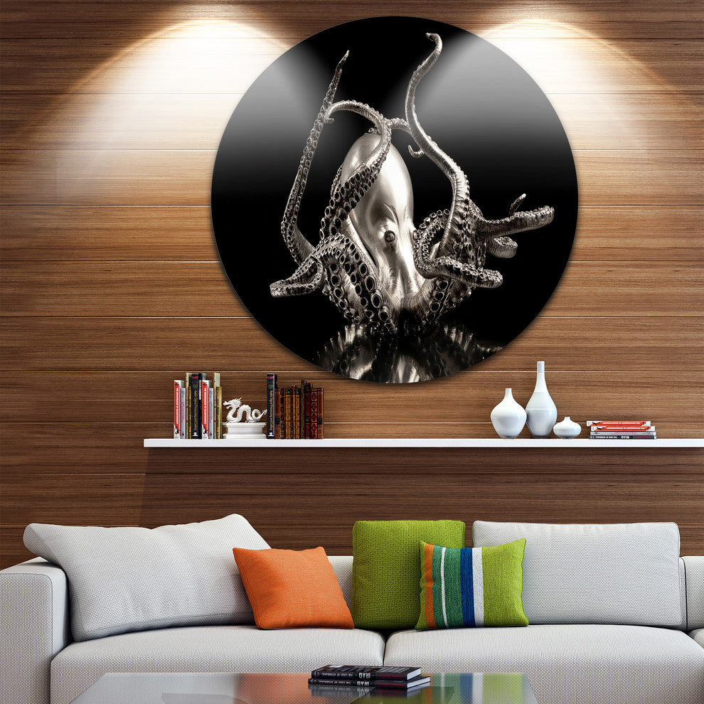 Silver Octopus, Abstract Digital Art Disc Metal Artwork, 23"