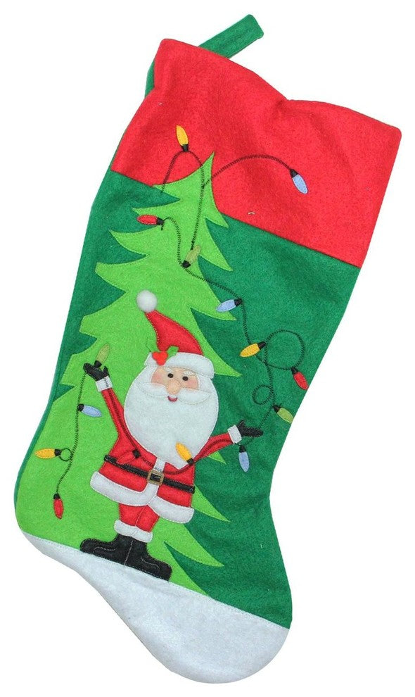 19" Green Felt Santa and Christmas Tree Decorative Stocking With Red Cuff