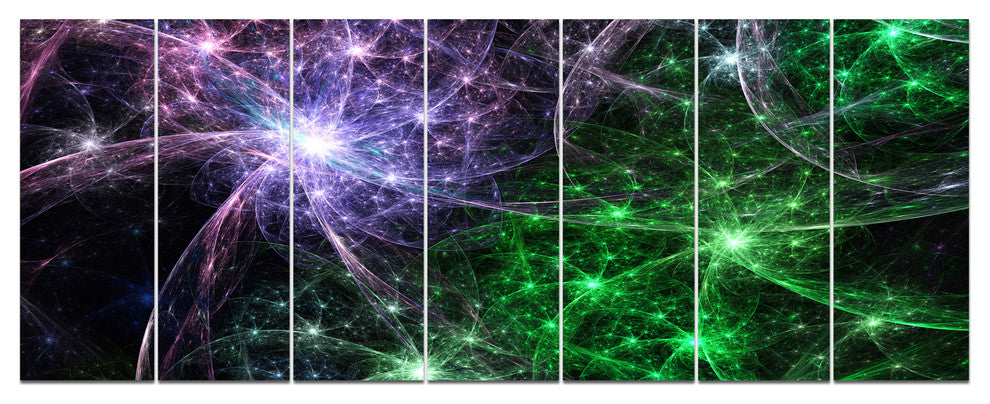 Green Purple Colorful Fireworks, Abstract Art on Canvas, 83"x32", 7 Panels