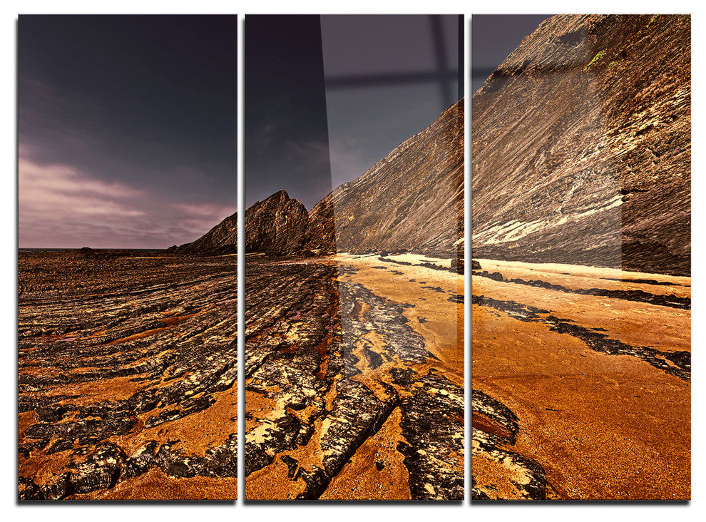 "Brown Rocky Coast Portugal" Metal Wall Art, 3 Panels, 36"x28"