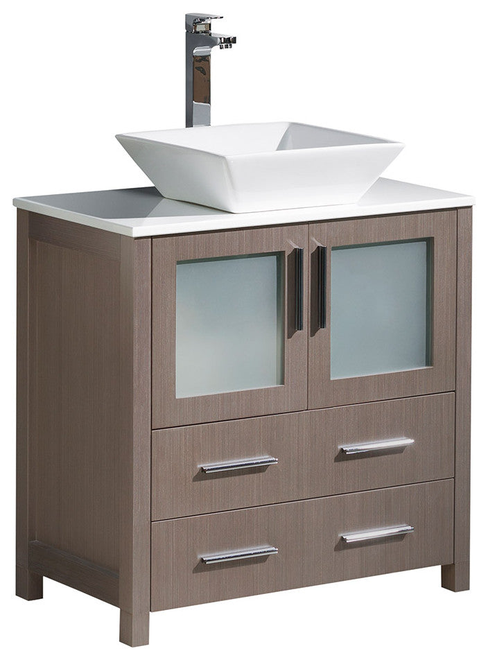 Torino 30" Bathroom Cabinet, Base: Gray Oak, With Top, Vessel Sink
