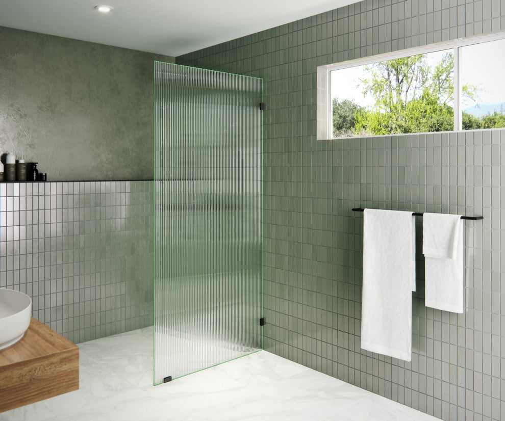 36"x78" Frameless Shower Door Single Fixed Panel Fluted, Matte Black