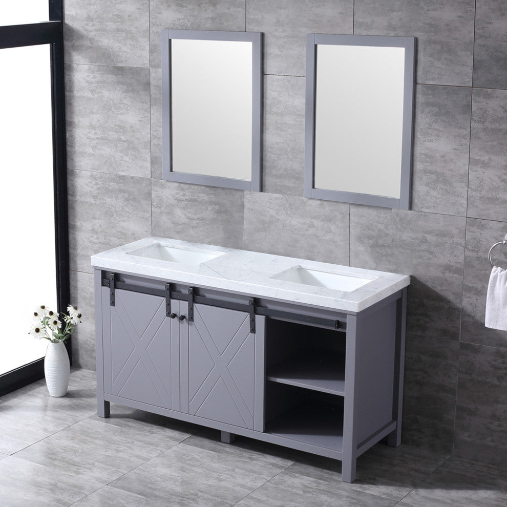 Marsyas 60" Dark Gray Double Vanity Carrara Marble Top Sinks, 24" Wall Mirrors